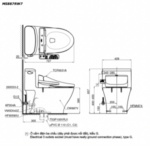 Bản vẽ kĩ thuật Bồn cầu 1 khối TOTO MS887RW7 nắp rửa điện tử TCF6631A