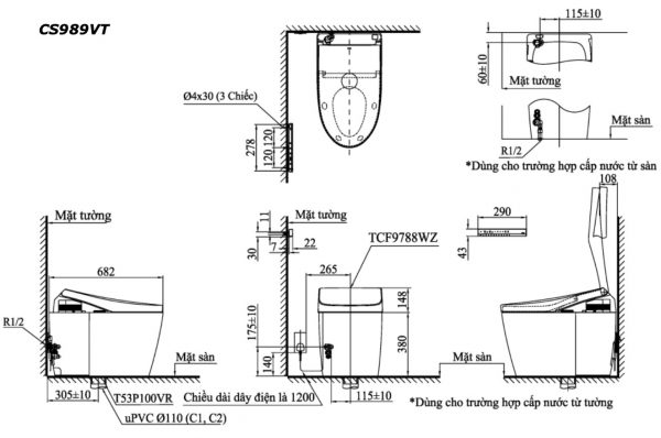 Bản vẽ kĩ thuật Bồn cầu điện tử TOTO CS989VT TCF9788WZ T53P100VR Neorest AH