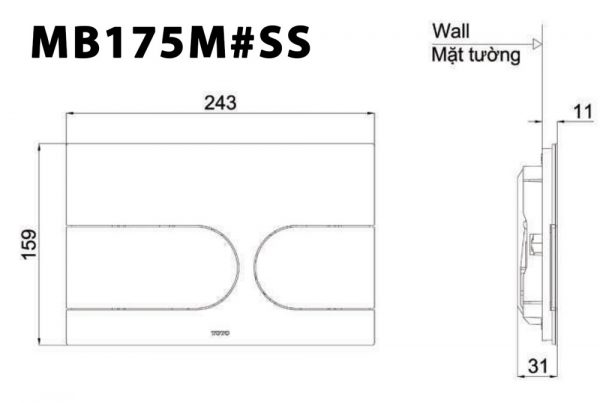 Bản vẽ kĩ thuật Nắp đậy nút nhấn xả bồn cầu TOTO MB175M#SS màu bạc mờ