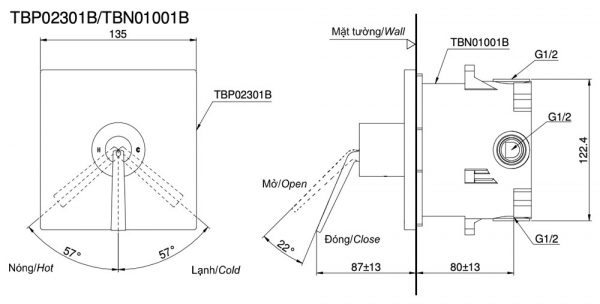 Bản vẽ kỹ thuật Van gật gù TOTO TBS04304B sen âm tường