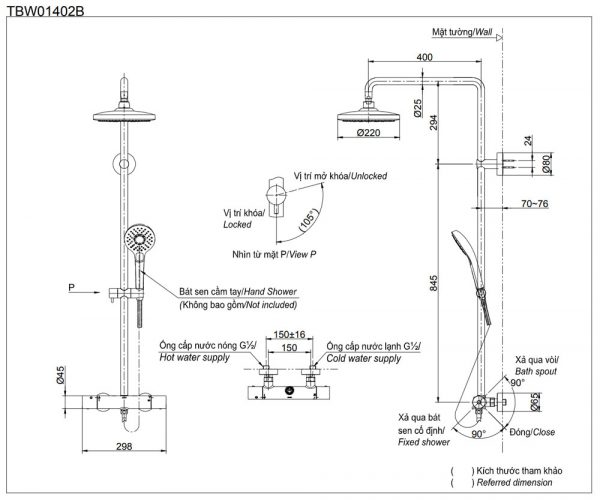 Bản vẽ kỹ thuật Vòi sen cây TOTO TBW01402B nhiệt độ