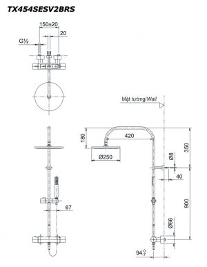 Bản vẽ kỹ thuật Vòi sen cây TOTO TX454SESV2BRS nhiệt độ