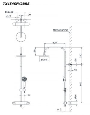 Bản vẽ kỹ thuật Vòi sen cây TOTO TX454SFV2BRS nhiệt độ