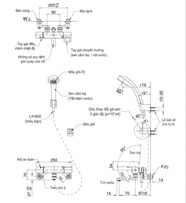 Bản vẽ kỹ thuật Vòi sen tắm TOTO TMGG40SE3 nhiệt độ