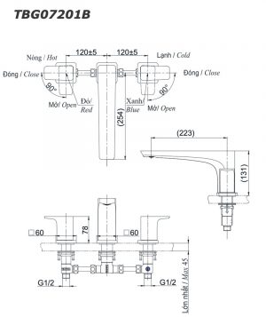 Bản vẽ kỹ thuật Vòi sen xả bồn tắm TOTO TBG07201B gắn bồn 3 lỗ