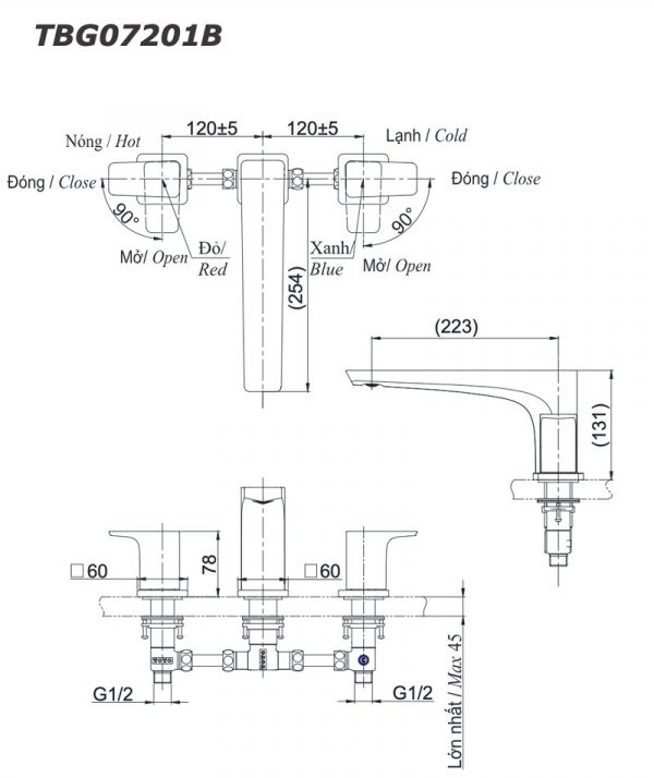 Bản vẽ kỹ thuật Vòi sen xả bồn tắm TOTO TBG07201B gắn bồn 3 lỗ