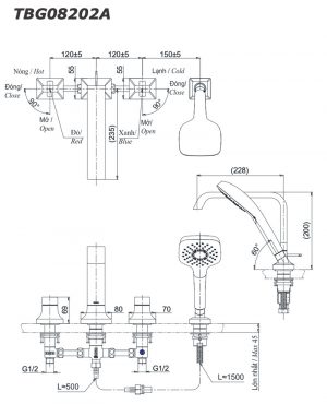 Bản vẽ kỹ thuật Vòi sen xả bồn tắm TOTO TBG08202A gắn bồn 4 lỗ