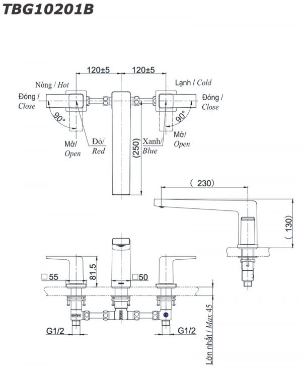 Bản vẽ kỹ thuật Vòi sen xả bồn tắm TOTO TBG10201B gắn bồn 3 lỗ