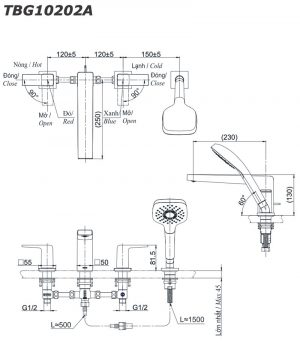 Bản vẽ kỹ thuật Vòi sen xả bồn tắm TOTO TBG10202A gắn bồn 4 lỗ