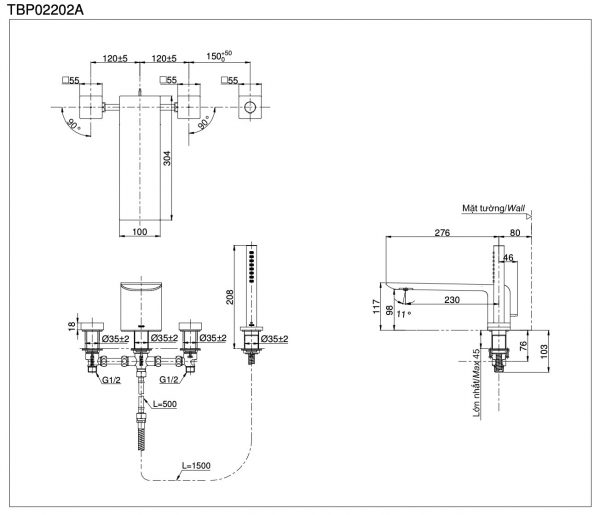 Bản vẽ kỹ thuật Vòi sen xả bồn tắm TOTO TBP02202A gắn bồn 4 lỗ