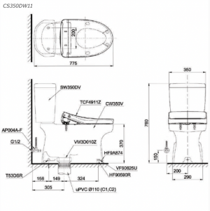 Bồn cầu 2 khối TOTO CS350DW11 nắp rửa điện tử TCF4911Z
