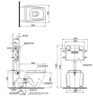 Bàn cầu TOTO treo tường CW681/T53P100VR/TCP06/TC375CVK bản vẽ kỹ thuật
