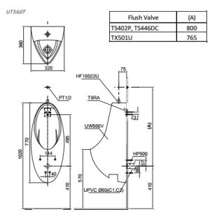 Bản vẽ bệ tiểu nam TOTO UT560T treo tường
