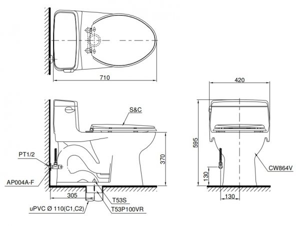 Bản vẽ bệt vệ sinh C864 và nắp điện tử TCF6631A TOTO