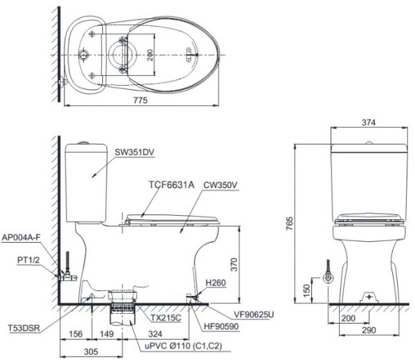 Bản vẽ bệt vệ sinh CS351 TOTO