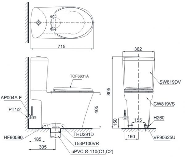 Bản vẽ bệt vệ sinh CS819 và nắp rửa điện tử TCF6631A TOTO