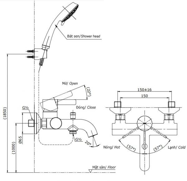 Bản vẽ bộ vòi sen TBG11302V+TBW01008A TOTO