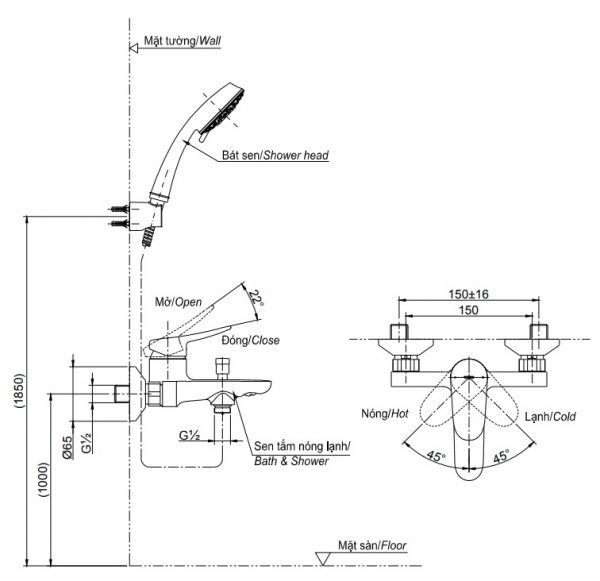 Bản vẽ bộ vòi sen TBS04302V/TBW03002B TOTO