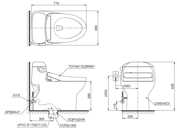 Bản vẽ bồn cầu 1 khối TOTO MS914CW12