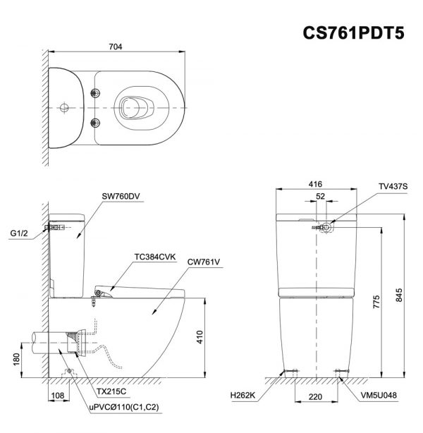 Bản vẽ Bồn cầu 2 khối TOTO CS761PDT5 nắp êm TC384CVK