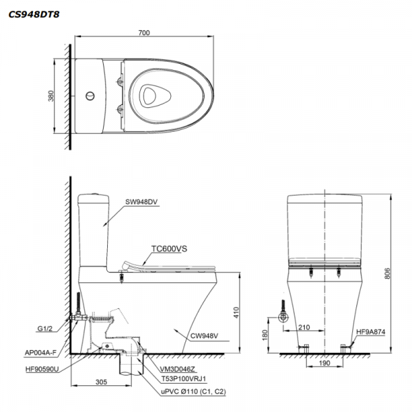 ban-ve-Bồn-cầu-2-khối-TOTO-CS948DT8-nắp-êm-TC600VS