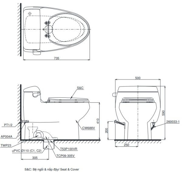 Bản vẽ bồn cầu MS668 và nắp điện tử TCF4911Z TOTO