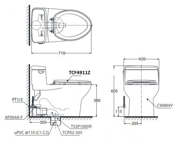 Bản vẽ bồn cầu MS884 nắp điện tử TCF4911Z TOTO