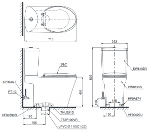 Bản vẽ bồn cầu nắp điện tử TOTO CS819DSW6