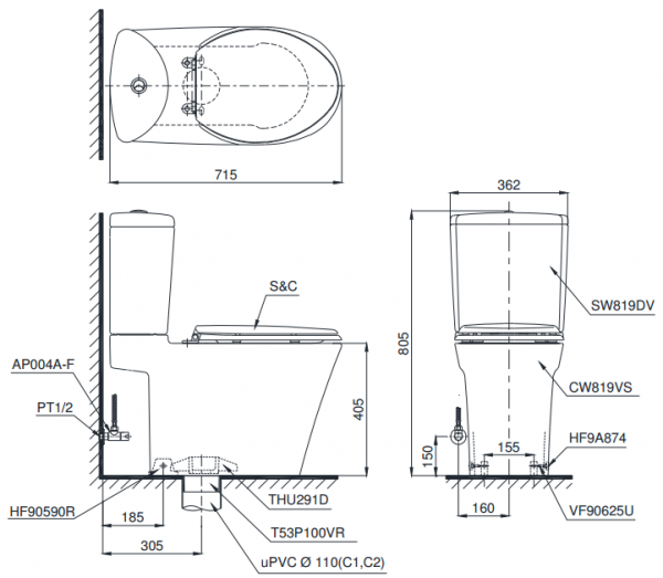 Bản vẽ bồn cầu nắp điện tử TOTO CS819DSW6