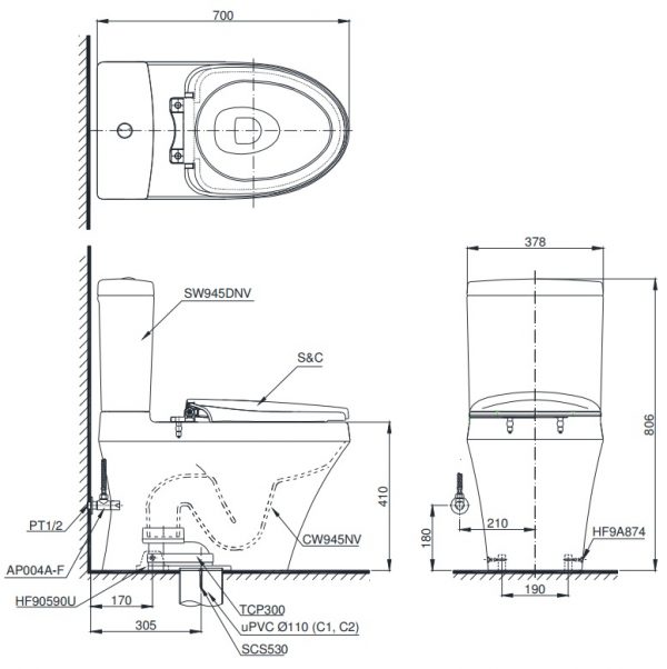 bản vẽ bồn cầu nắp điện tử TOTO CS945DW11