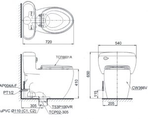 bản vẽ bồn cầu nắp điện tử TOTO MS366W7