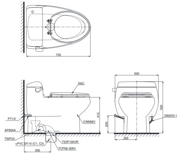 bản vẽ bồn cầu nắp điện tử TOTO MS688W6