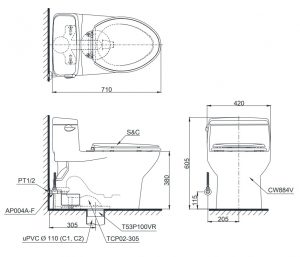 bản vẽ bồn cầu nắp rửa điện tử TOTO MS884W7