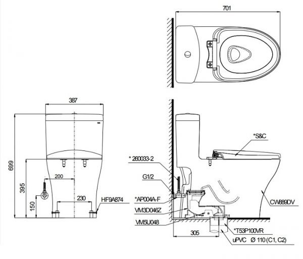 bản vẽ bồn cầu nắp rửa điện tử TOTO MS889DW7