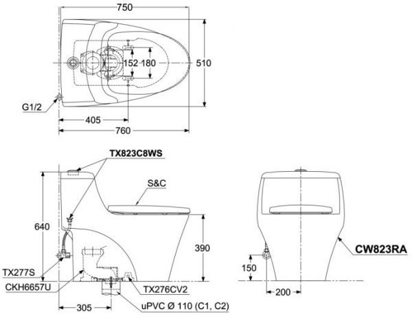 Bản vẽ bồn cầu TOTO C823RA nắp êm TC385VS