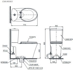 bản vẽ bồn cầu TOTO CS819DSE2 nắp rửa cơ