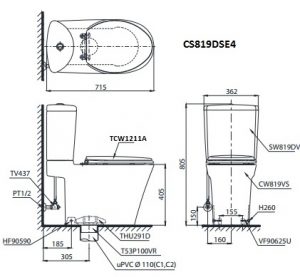 bản vẽ bồn cầu TOTO CS819DSE4 nắp rửa cơ