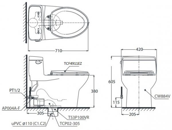 Bản vẽ bồn cầu TOTO MS884CW12 1 khối