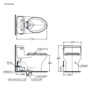 bản vẽ bồn cầu TOTO MS884E4 nắp rửa cơ