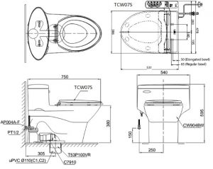 TOTO MS904E2 - Bồn cầu thông minh nắp rửa cơ TCW07S 6 bản vẽ bồn cầu TOTO MS904E2 nắp rửa cơ