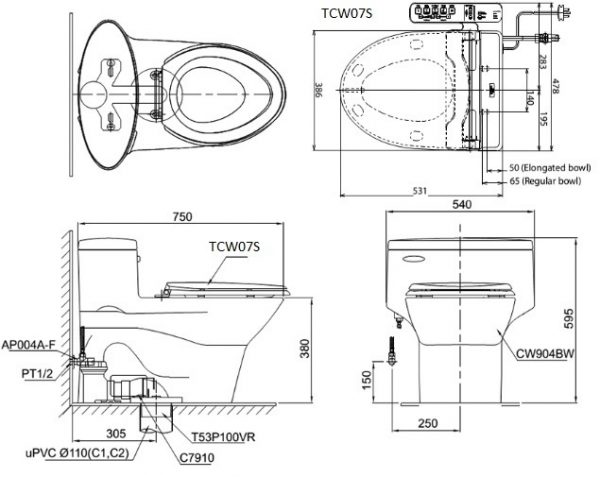 bản vẽ bồn cầu TOTO MS904E2 nắp rửa cơ