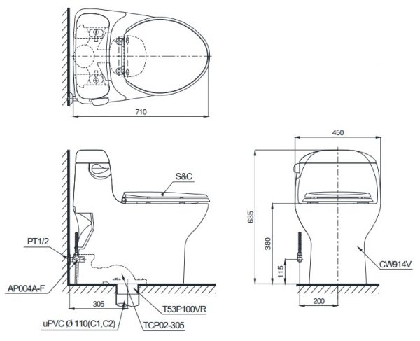 Bản vẽ bồn cầu TOTO MS914T3 - Xí bệt bàn cầu vệ sinh 1 khối