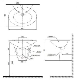 Bản vẽ bồn rửa mặt lavabo TOTO LHT908C