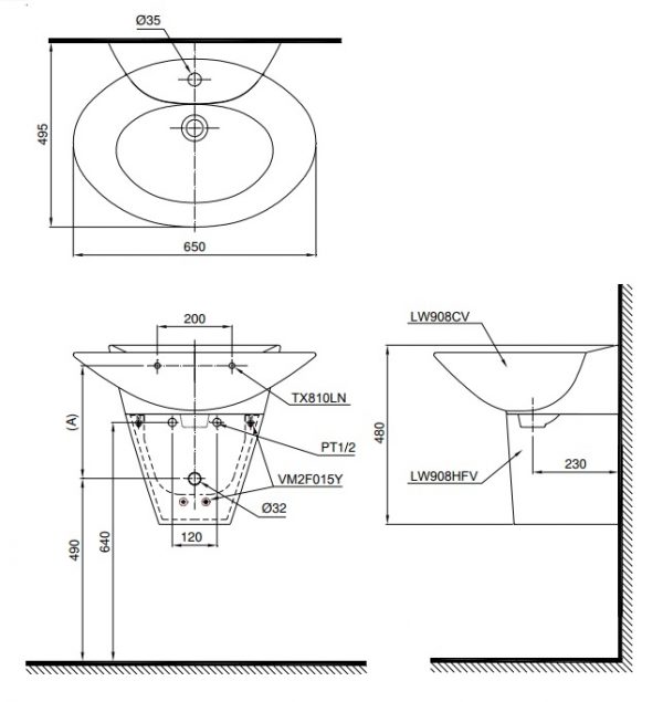 Bản vẽ bồn rửa mặt lavabo TOTO LHT908C