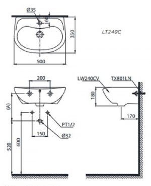 Bản vẽ bồn rửa mặt lavabo TOTO LT240C