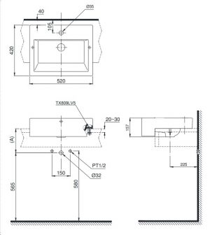 TOTO LT647CR LT647CS LW647CJW/F - Chậu rửa mặt lavabo đặt bàn bán âm 14 Bản vẽ bồn rửa mặt lavabo TOTO LT647CR#XW