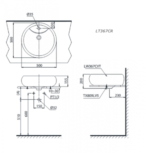 Bản vẽ bồn rửa mặt TOTO LT367CR