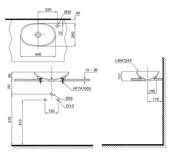 Bản vẽ chậu rửa mặt TOTO LT4724 đặt bàn