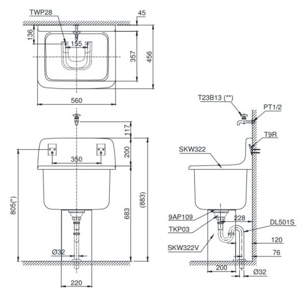 Bản vẽ chậu sứ TOTO SK322/SK322F#W