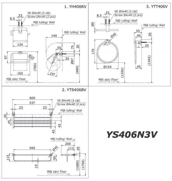 Bản vẽ kĩ thuật Bộ phụ kiện phòng tắm TOTO YS406N3V 3 Món